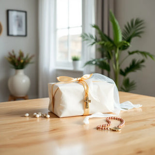 Neatly wrapped first communion gift with a small rosary and prayer card on a wooden table