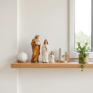 Mary, Joseph, and the Child Jesus statues displayed on a wooden shelf in soft natural light