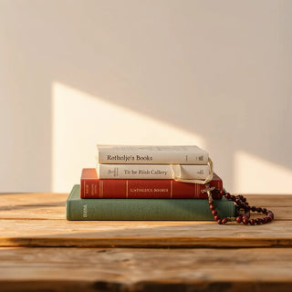 Stack of Catholic books on a wooden table with a subtle rosary and crucifix nearby