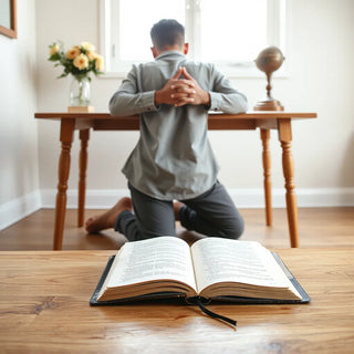 Kneeling hands in prayer beside a closed Bible and blank notebook on a wooden table