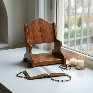 Warm-lit prayer desk with a rosary and Bible near a candle by a window