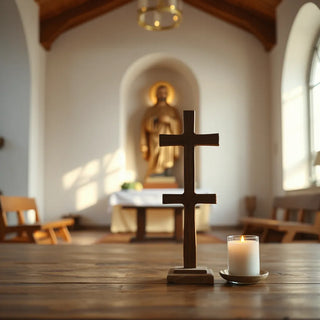 Softly lit sanctuary with a cross, candle, and a saint statue in the background