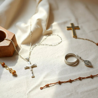 Silver cross necklace, rosary bracelet, and medallion ring arranged on neutral fabric