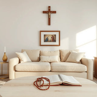 Warm living room with a wall cross, framed religious art, candles, and a neatly placed rosary