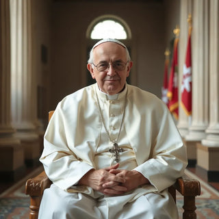 Elderly pope in white vestments seated in a quiet Vatican courtyard