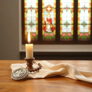 Candle, rosary, and saint medal on a wooden table with soft cathedral window light behind