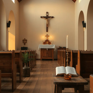 Warm-lit church interior with a crucifix, candles, and an open prayer book on a bench