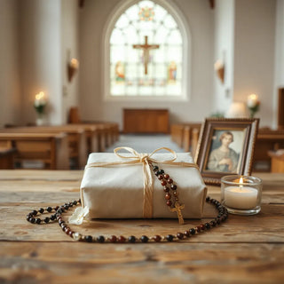 Wrapped confirmation gift box with rosary and a small religious keepsake in soft natural light