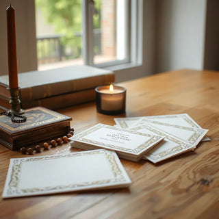 Premium devotion cards arranged on a wooden table with a candle and rosary nearby