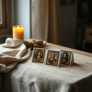 Sacred portrait cards with religious images on a wooden table beside a warm candle