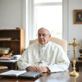 Elderly pope in white papal robes seated in a quiet study with soft natural light
