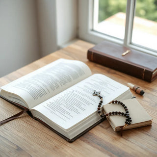 Open Catholic book with rosary and notebook on a wooden table in soft natural light