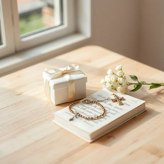 White ribbon keepsake box with rosary and devotional items on a light wooden table