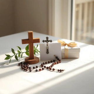 Wooden cross, rosary, and a ribbon gift box on a softly lit table