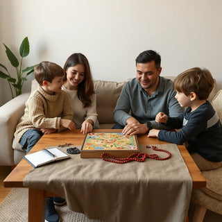 Family playing a Catholic-themed board game with a cross and rosary on the table