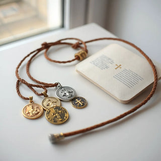 Assorted Catholic medals with cross designs resting with a leather cord on a clean table