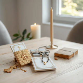 Assorted Catholic holy cards with a rosary and candle on a wooden table