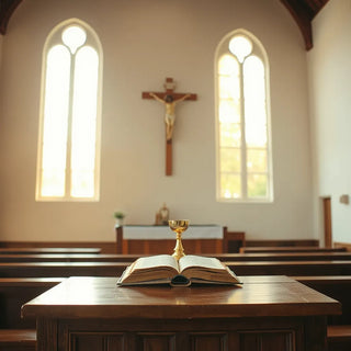 Warm-lit church altar with an open book, crucifix, and chalice in a quiet setting