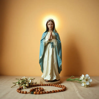 Virgin Mary figure in prayer with a rosary on a small table in warm, soft light