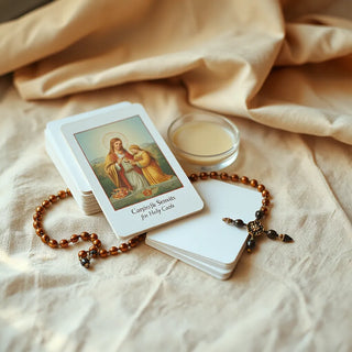 Stack of devotional holy cards with rosary on a soft linen background