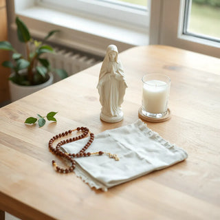 Modest Virgin Mary statue on a wooden table with a rosary and candle in warm light