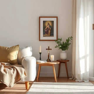 Cozy living room with a small crucifix, candle holder, and framed Catholic icon on a side table