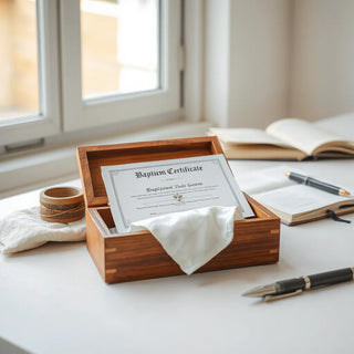 Baptism keepsakes on a table, including a folded certificate, gown fabric, and a small cross pendant