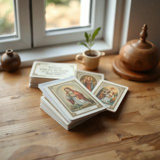 A small stack of Catholic holy cards resting on a wooden table in warm natural light