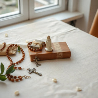 Handcrafted rosary, ceramic Madonna figurine, and prayer card holder on a linen background