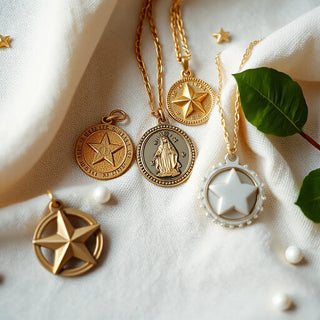 Assorted miraculous medals with Mary details on neutral fabric, with a small chain nearby