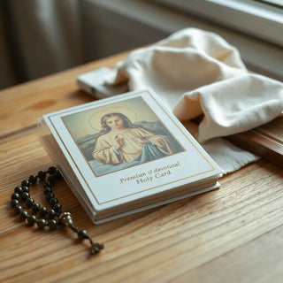 A detailed devotional holy card with an embossed border on a wooden table beside a rosary
