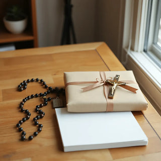 Rosary, religious medal, prayer journal, and gift box arranged on a wooden table