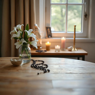 Virgin Mary statue, rosary, lilies, and a lit candle on a home prayer table