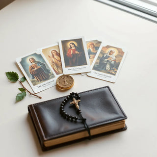 Devotional holy cards arranged neatly with a rosary and prayer book on a softly lit table