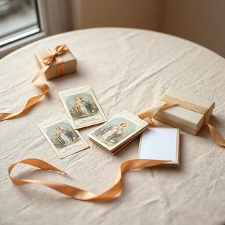 Neatly arranged Catholic holy cards with a ribbon and small gift box on a neutral tabletop