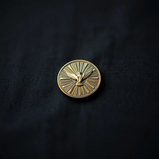 Bronze Holy Spirit medal with a dove and radiant rays resting on dark fabric