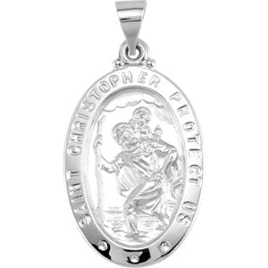 14K White 25x17 MM Oval St. Christopher Hollow Medal