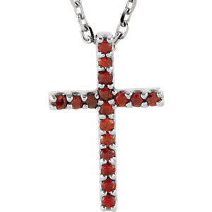 14K White Mozambique Garnet Cross 16" Necklace