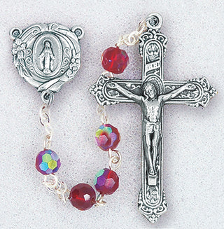 6MM Garnet Aurora Borealis Crystal Bead Rosary with Deluxe Center and Cross