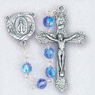 6MM Sapphire Aurora Borealis Crystal Bead Rosary with Deluxe Cross and Center G