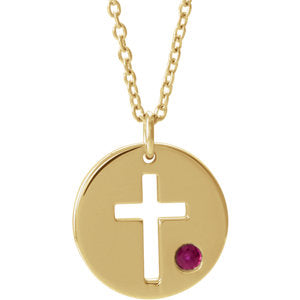14K Gold Ruby Pierced Cross Disc 16-18" Necklace