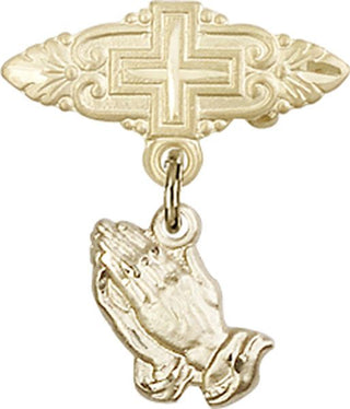 14kt Gold Badge Pin With Cross Praying Hands Baby Badge