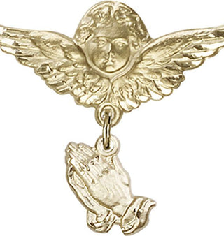 14kt Gold Large Angel w/Wings Praying Hands Baby Badge