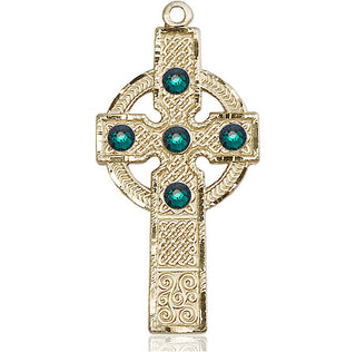 14kt Gold Filled Kilklispeen Cross with Emerald Stone Pendant with a 3mm Emerald Swarovski stone on an 24-inch Gold Plate Heavy Curb Chain