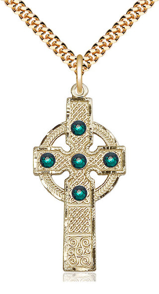 14kt Gold Filled Kilklispeen Cross with Emerald Stone Pendant with 3mm Emerald Swarovski Necklace