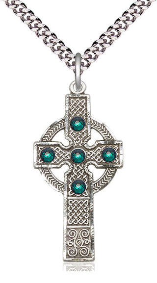 Sterling Silver Kilklispeen Cross with Emerald Stone Pendant with 3mm Emerald Swarovski Necklace