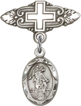 Sterling Silver Badge Pin With Cross Guardian Angel Baby Badge