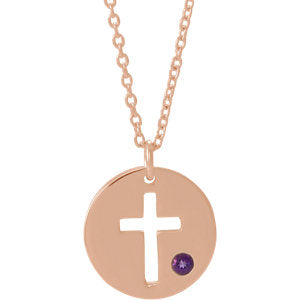 14K Rose Amethyst Pierced Cross Disc 16-18" Necklace