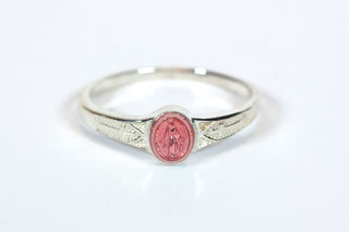 Sterling Silver Miraculous Medal Ring with Pink Epoxy Accent