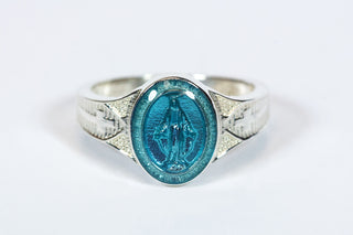 Sterling Silver Miraculous Medal Ring with Blue Epoxy Accent